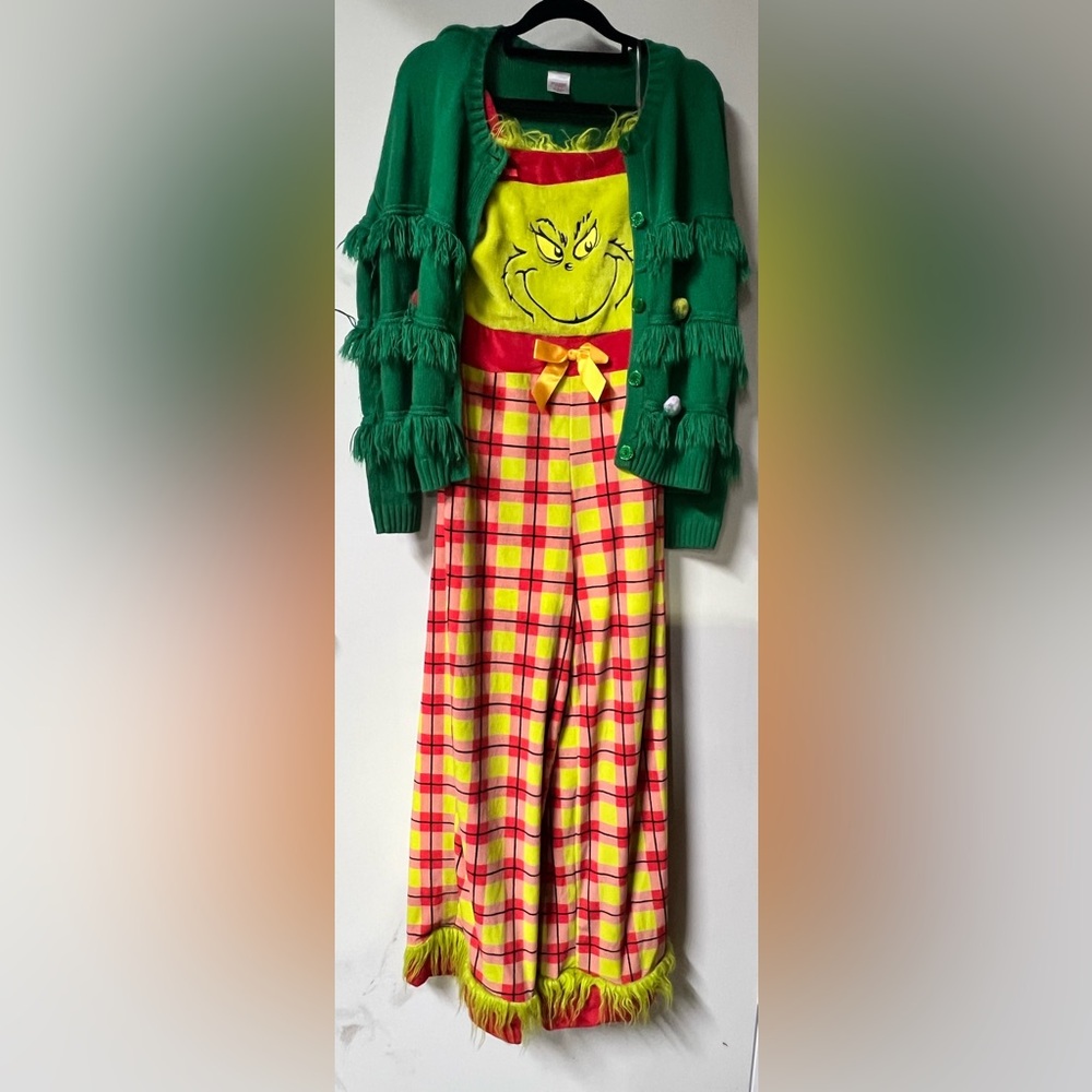 The Grinch Plaid Jumpsuit Overalls Faux Fur Trim Dr. Seuss Size XXS w/ Sweater